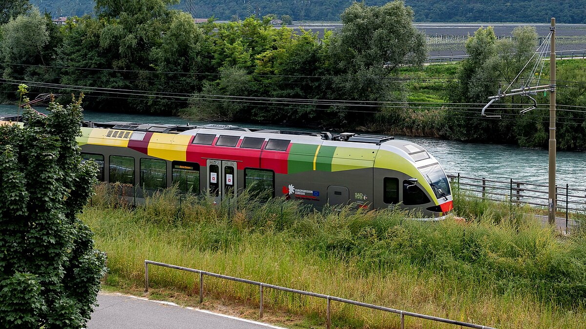 A train on the railway line Merano/Meran-Bolzano/Bozen